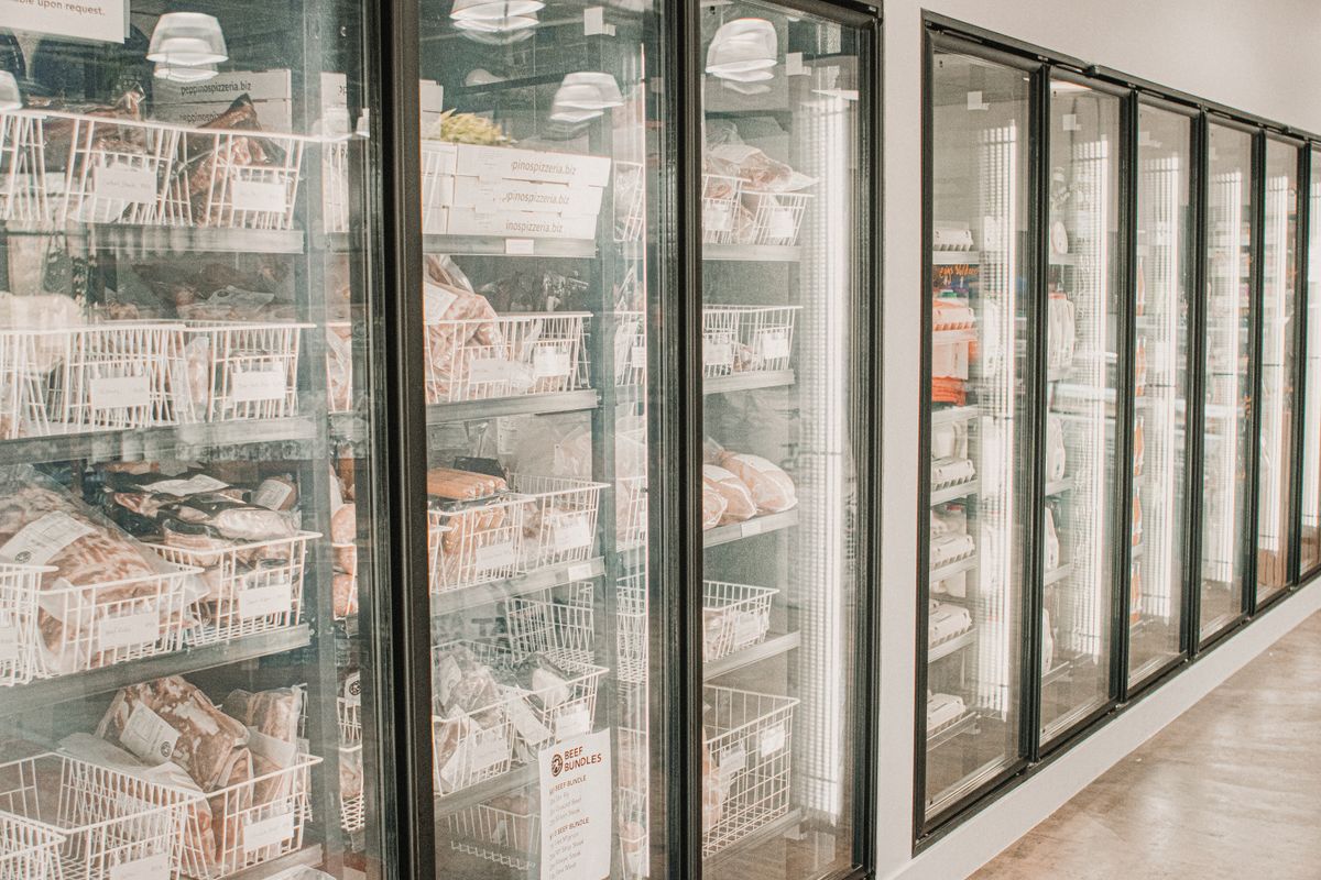 Commercial refrigerated display cases in a shop